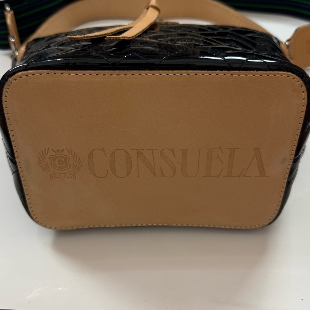Consuela Black Patent Quilted Bucket Bag with Beige Trim - Picture 6 of 12
